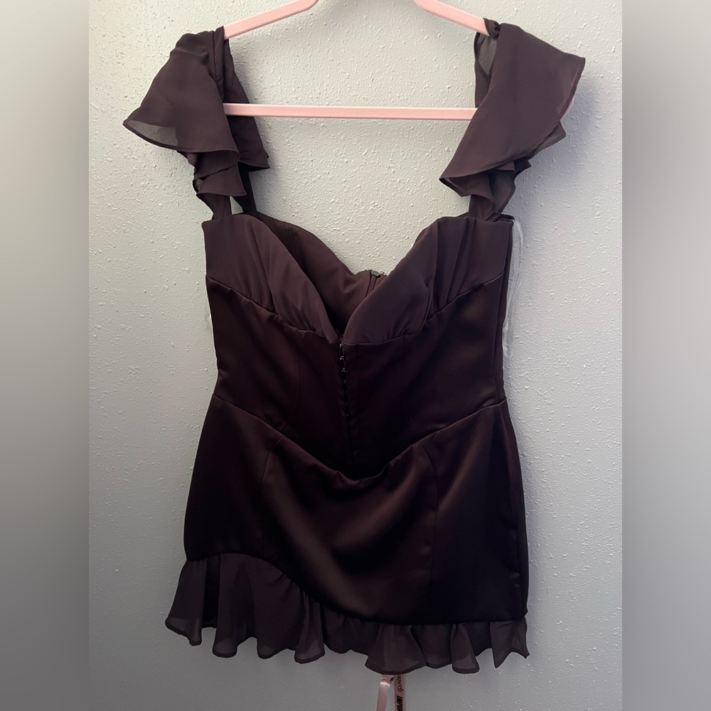 House of CB DIONNE Espresso Ruffle Corset Mini Dress Size L+ New - Picture 7 of 16